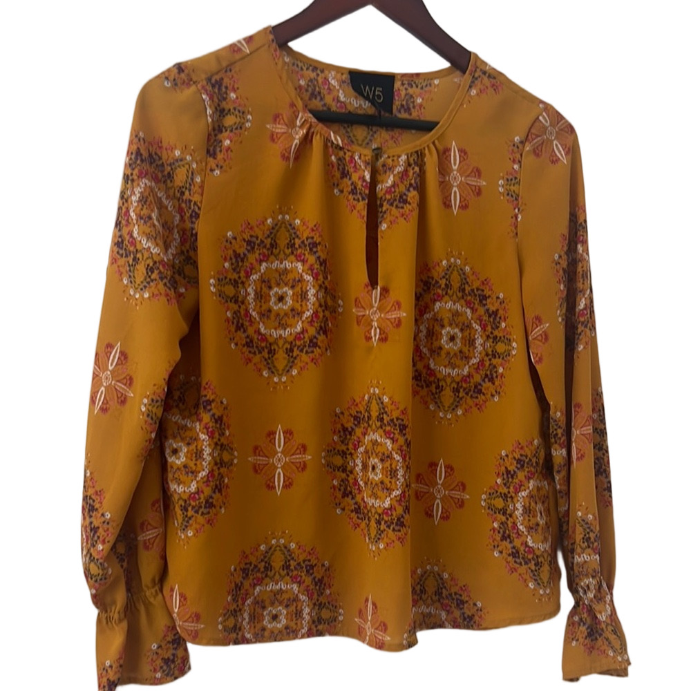 W5 Gold Graphic Long Sleeve Blouse with Mandarin Collar